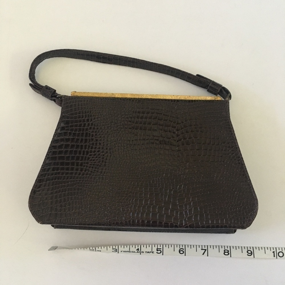 Vintage Handbag Chocolate Brown Croc Pattern with gold tone trim by After Five - Picture 13 of 16
